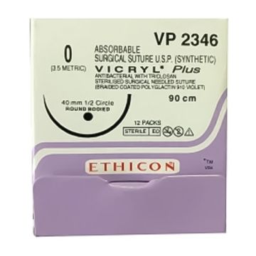 Ethicon Vicryl Plus Violet Antibacterial Absorbable Surgical Sutures - Pack of 12