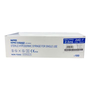 Nipro 2.5ml (24Gx1"/0.55X25mm) Leur Slip Disposable Syringe- 100's Box
