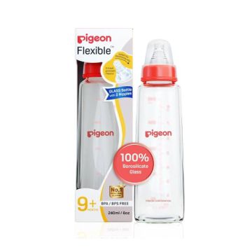 Pigeon Flexible Glass Feeding Bottle with Add Nipple (Red) - 240ml